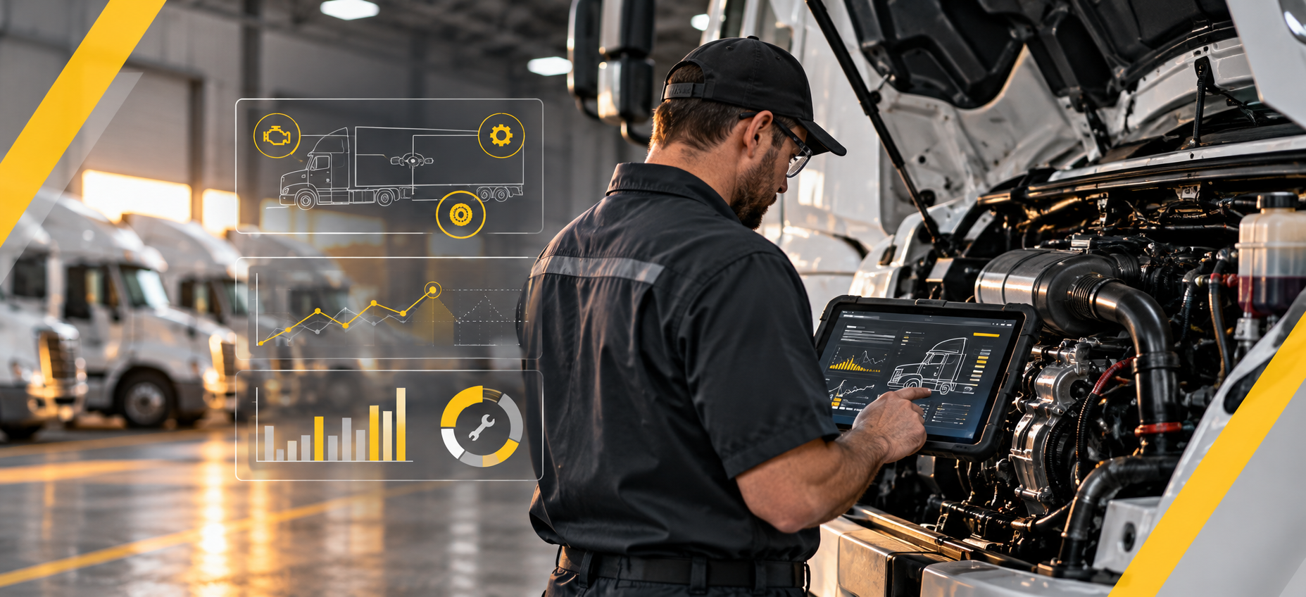Commercial fleet technician using diagnostic technology for predictive fleet maintenance